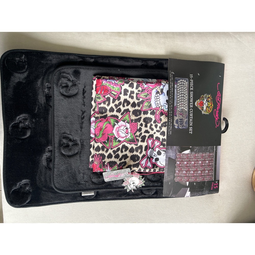 Ed Hardy 15 Piece Shower Curtain Set Leopard Skull Rose 2 Memory Foam Rugs Hooks